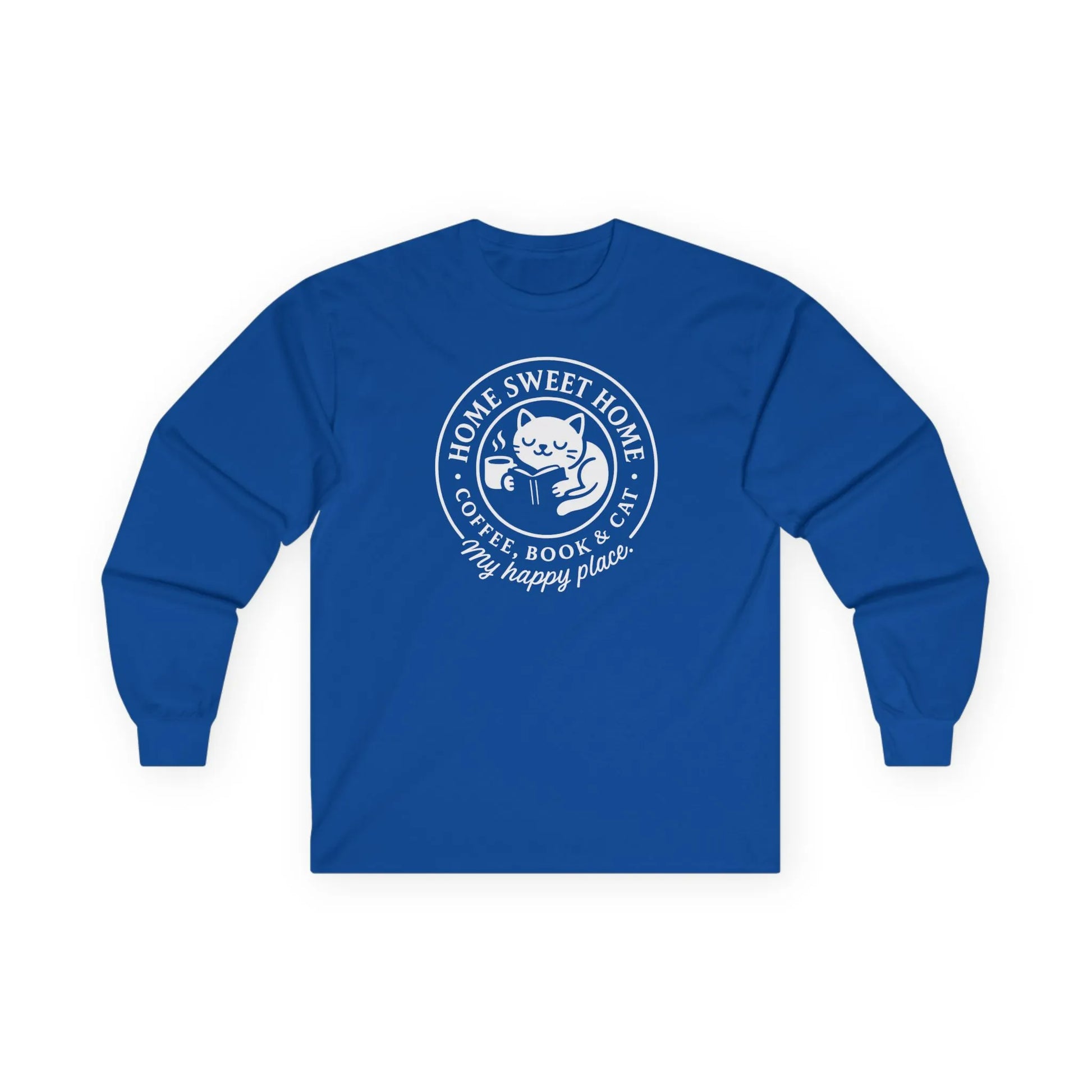 Cozy Cat Haven Long Sleeve shirt featuring a cozy cat with coffee and text saying "Home Sweet Home"—a perfect gift for readers.