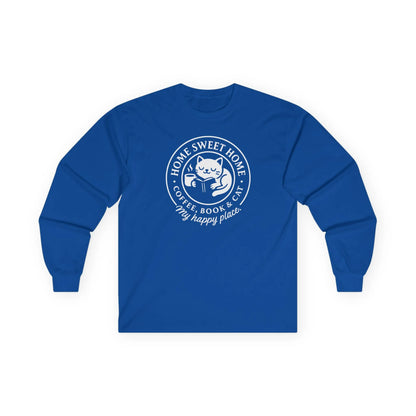 Cozy Cat Haven Long Sleeve shirt featuring a cozy cat with coffee and text saying "Home Sweet Home"—a perfect gift for readers.