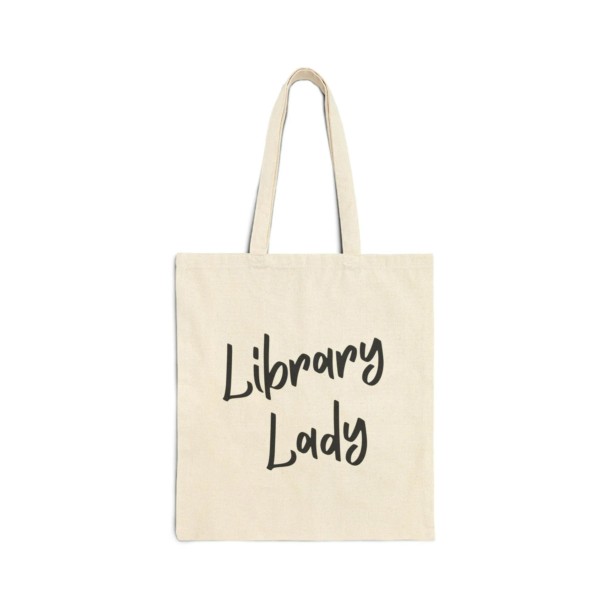 Library Lady Tote Bag showcasing charming handwritten typography, perfect for book lovers and a thoughtful gift.