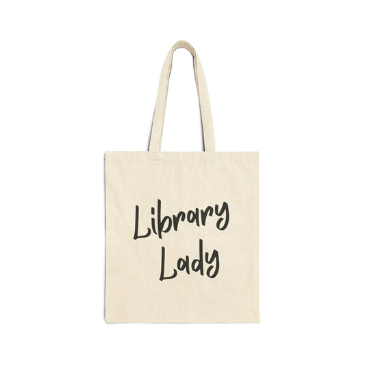 Library Lady Tote Bag showcasing charming handwritten typography, perfect for book lovers and a thoughtful gift.