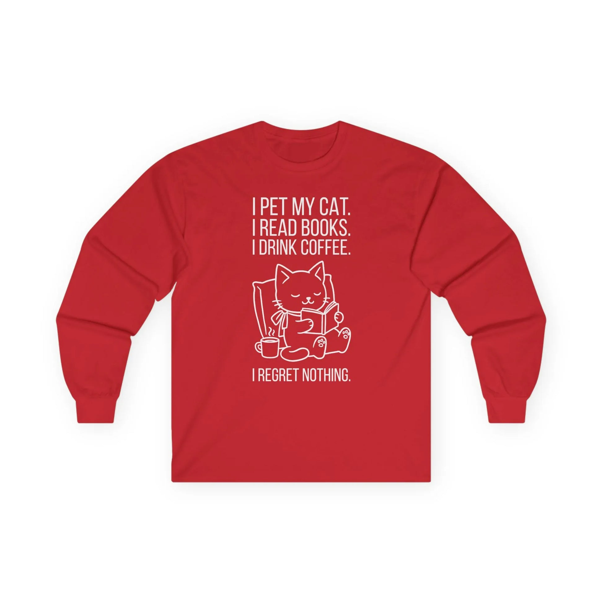 Cat. Books. Coffee. Long Sleeve. Cozy reading long sleeve shirt with playful cat design and text for book lovers.