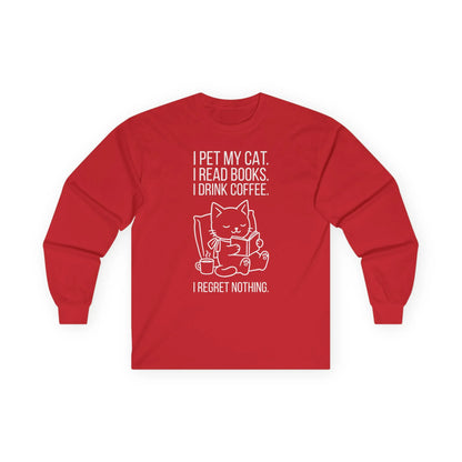 Cat. Books. Coffee. Long Sleeve. Cozy reading long sleeve shirt with playful cat design and text for book lovers.