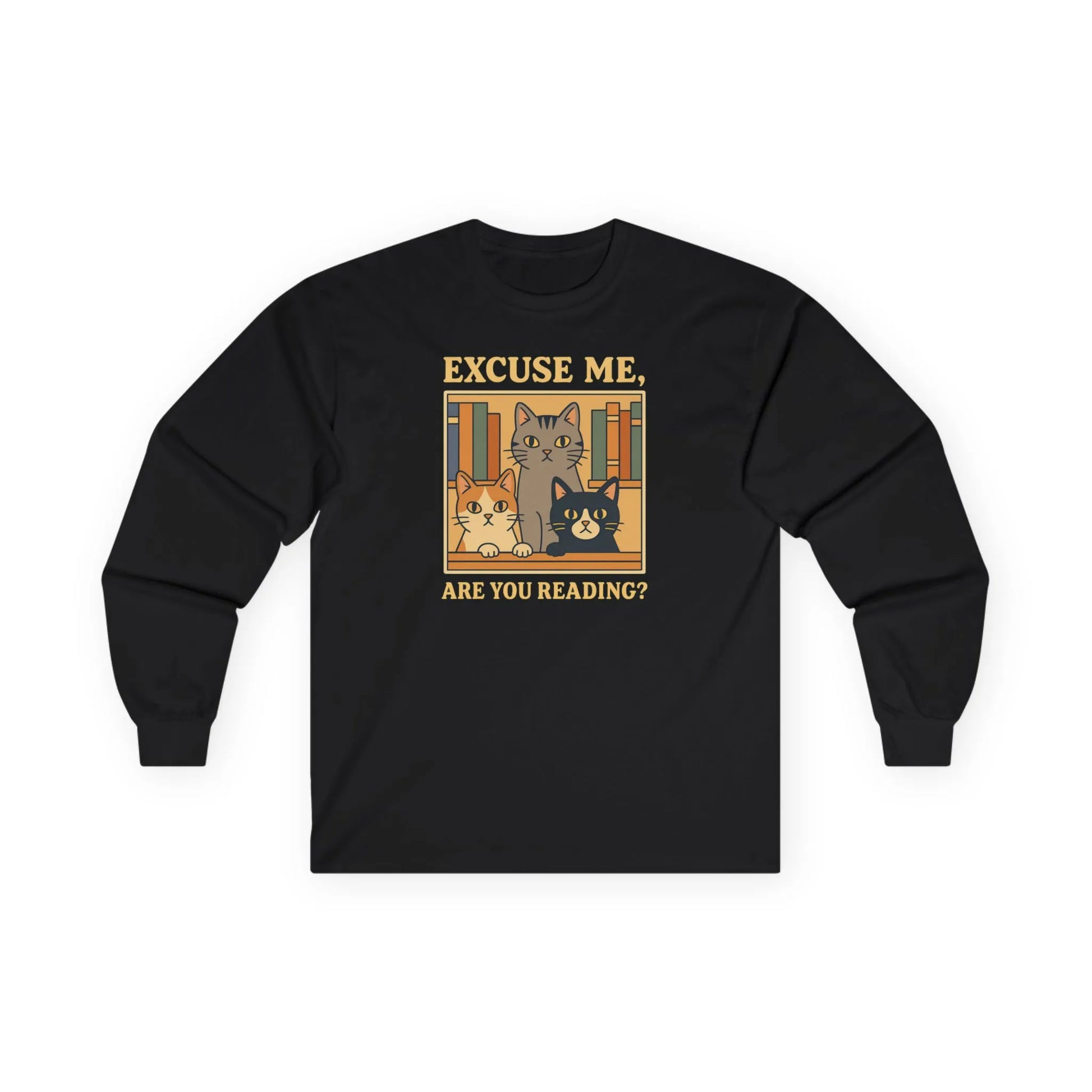 Are You Reading? Long Sleeve Shirt featuring cute library cats in a funny design for cat and book lovers.