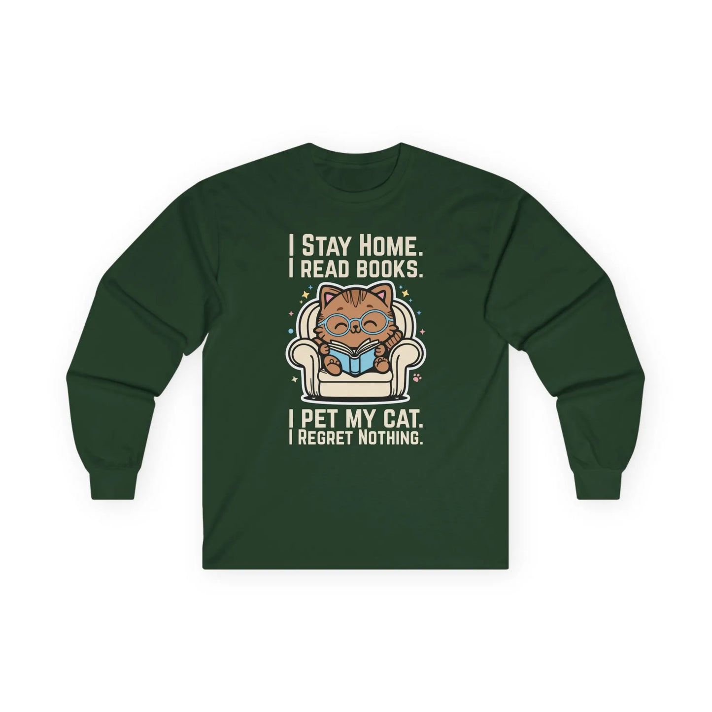 Cozy Starry Cat Reader Long Sleeve featuring a cat on a chair with bookish humor: 'I Stay Home. I Read Books. I Pet My Cat. I Regret Nothing.'
