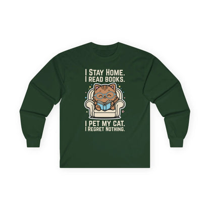 Cozy Starry Cat Reader Long Sleeve featuring a cat on a chair with bookish humor: 'I Stay Home. I Read Books. I Pet My Cat. I Regret Nothing.'
