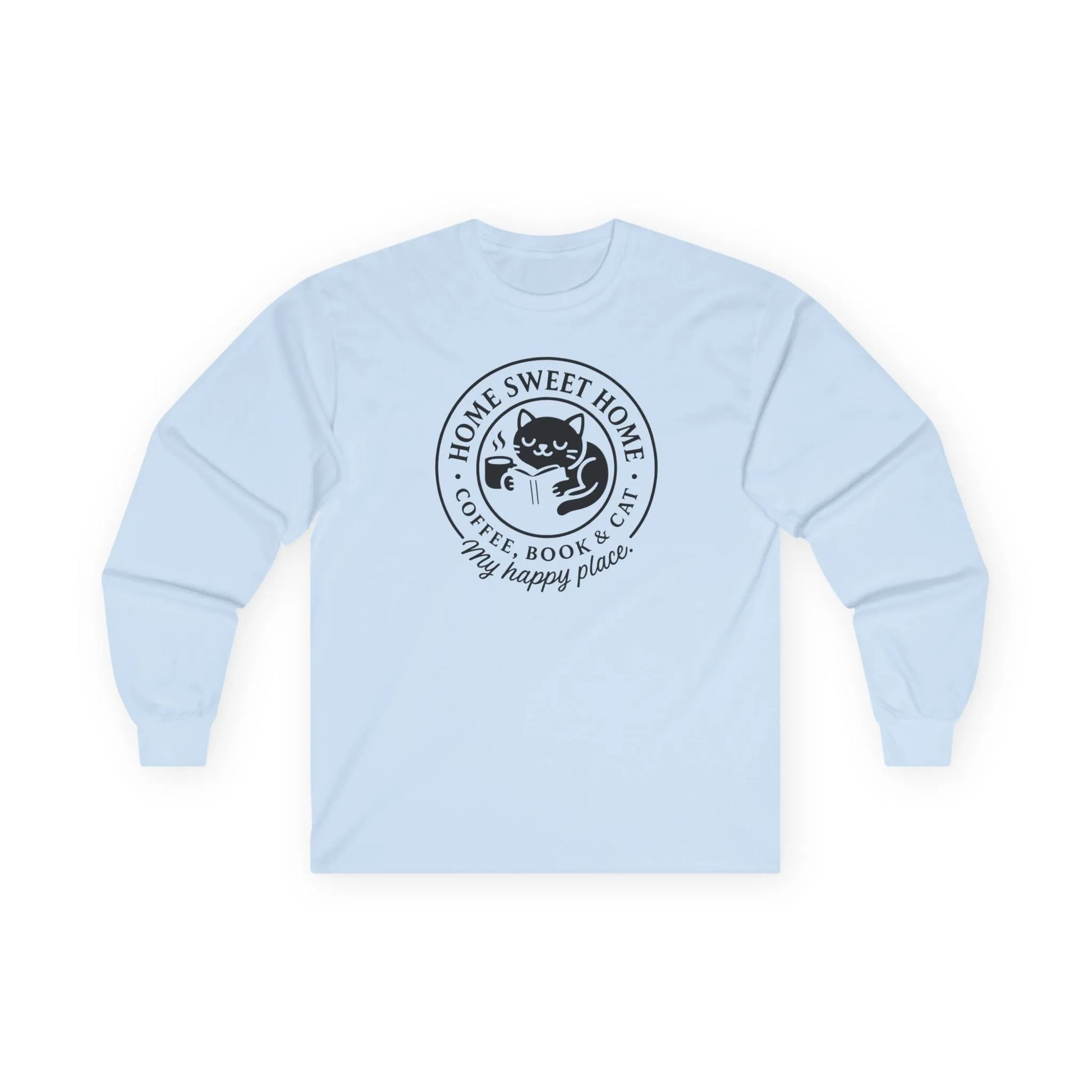 Cozy Cat Haven Long Sleeve featuring a cute black cat with the text 'Home Sweet Home, coffee, book & cat, my happy place.' Perfect for book lovers.