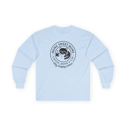 Cozy Cat Haven Long Sleeve featuring a cute black cat with the text 'Home Sweet Home, coffee, book & cat, my happy place.' Perfect for book lovers.