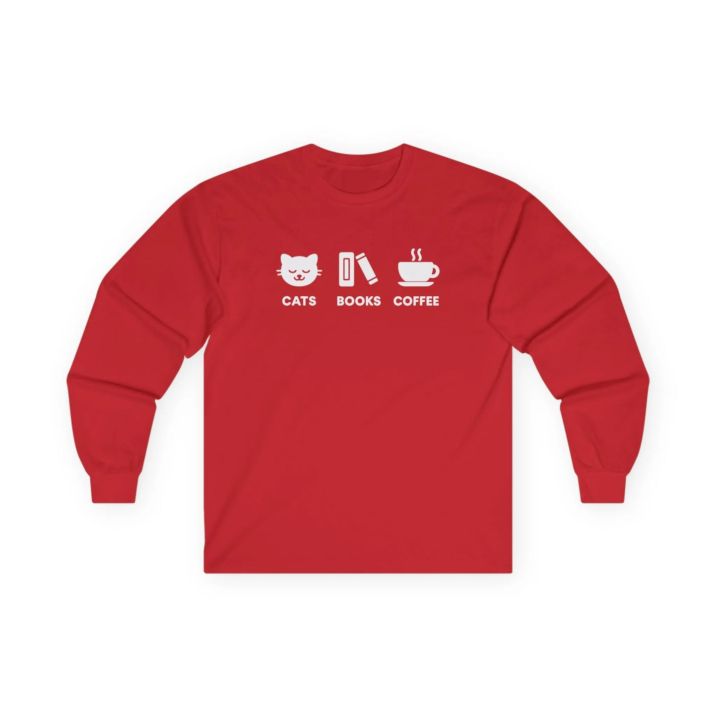 Holy Trinity Long Sleeve in red featuring playful icons of cats, books, and coffee, perfect for book lovers.