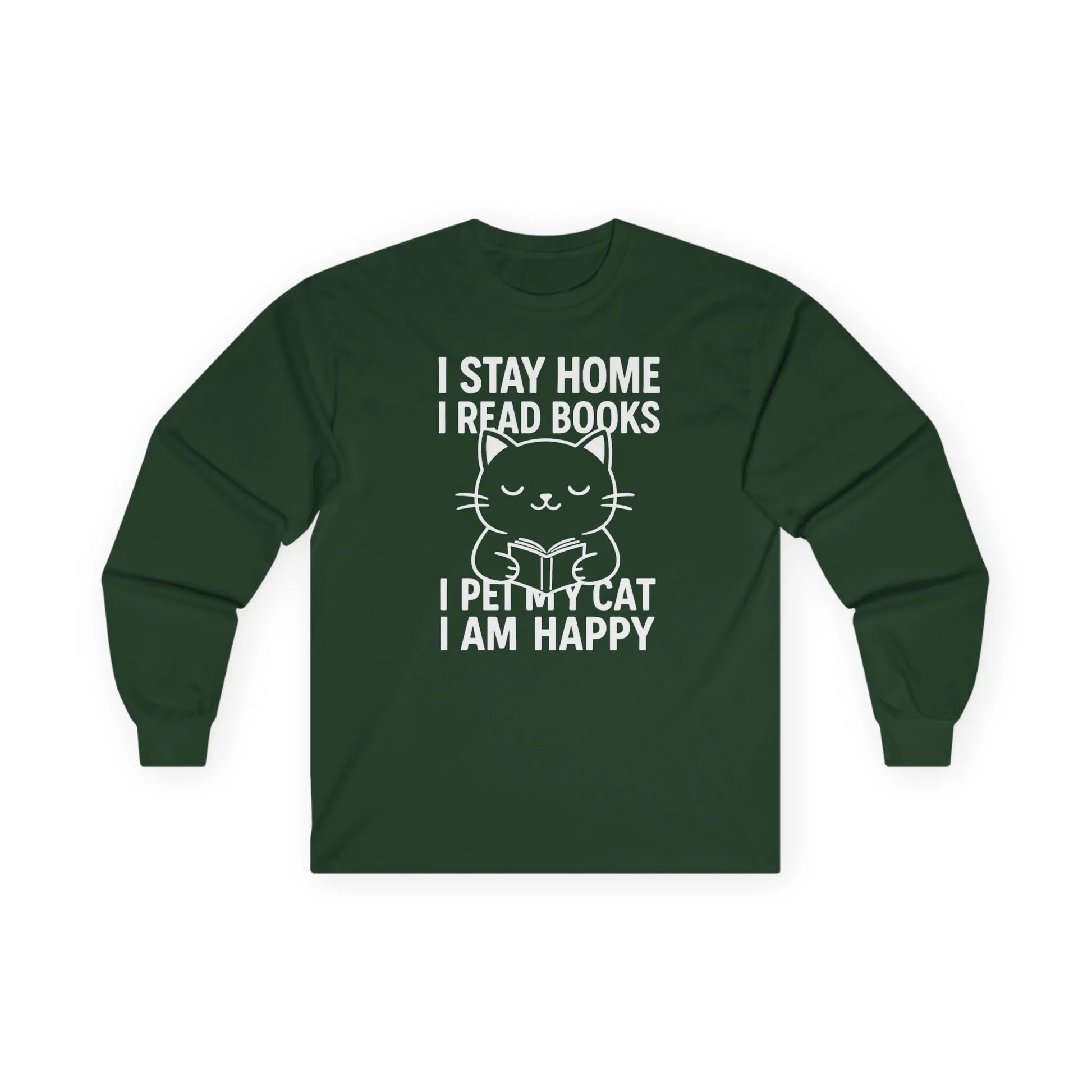 Happy Cat Reader Long Sleeve shirt featuring a cat graphic and reading text, perfect for book lovers and cozy reading.