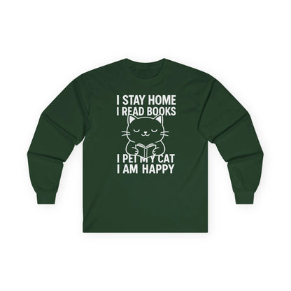 Happy Cat Reader Long Sleeve shirt featuring a cat graphic and reading text, perfect for book lovers and cozy reading.