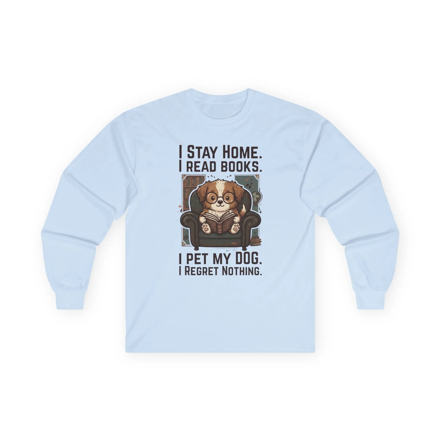 Library Dog Reader Long Sleeve shirt in light blue featuring a funny design of a dog reading a book, perfect for book lovers.