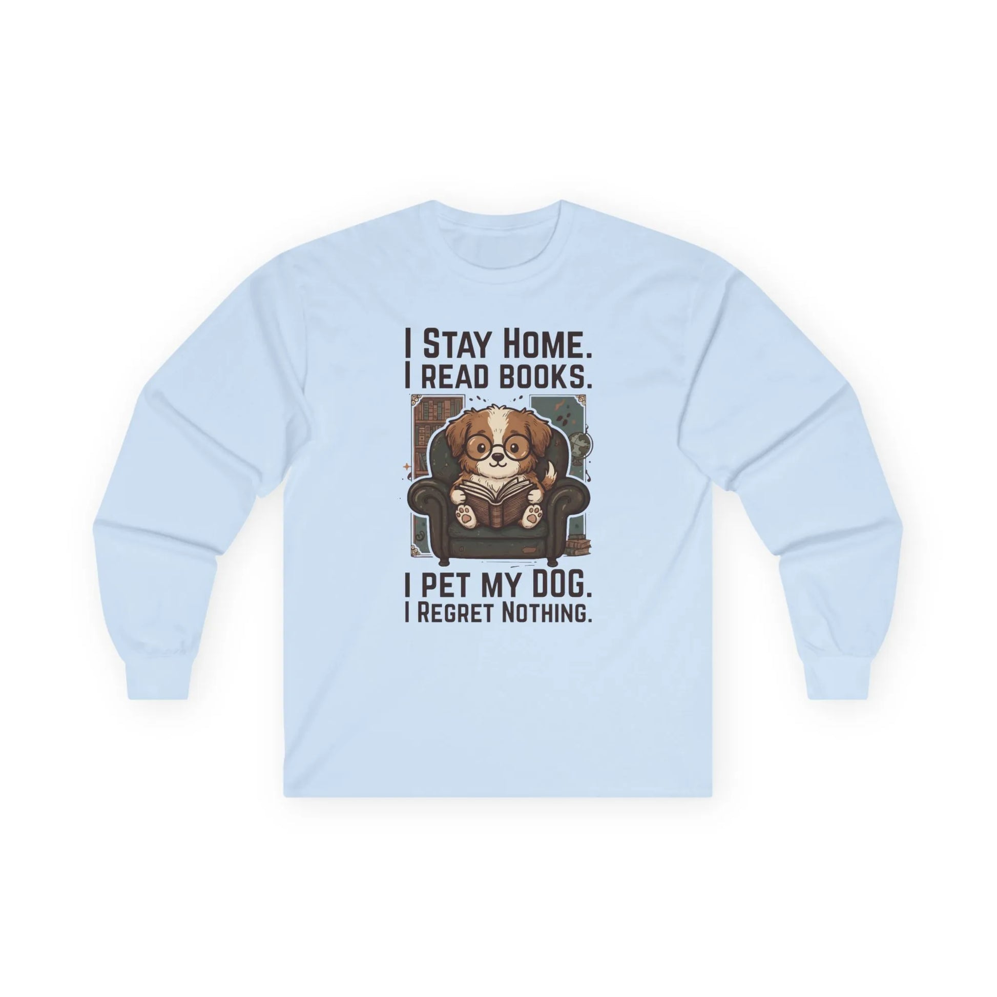 Library Dog Reader Long Sleeve shirt in light blue featuring a funny design of a dog reading a book, perfect for book lovers.