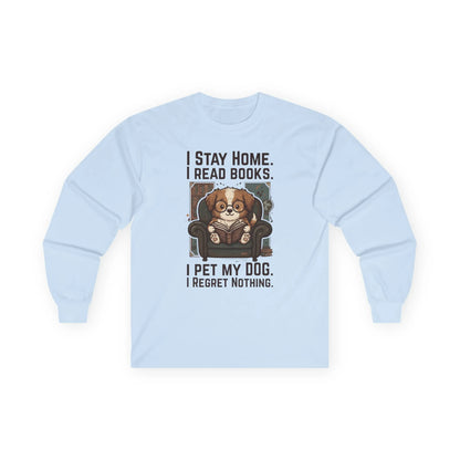 Library Dog Reader Long Sleeve shirt in light blue featuring a funny design of a dog reading a book, perfect for book lovers.