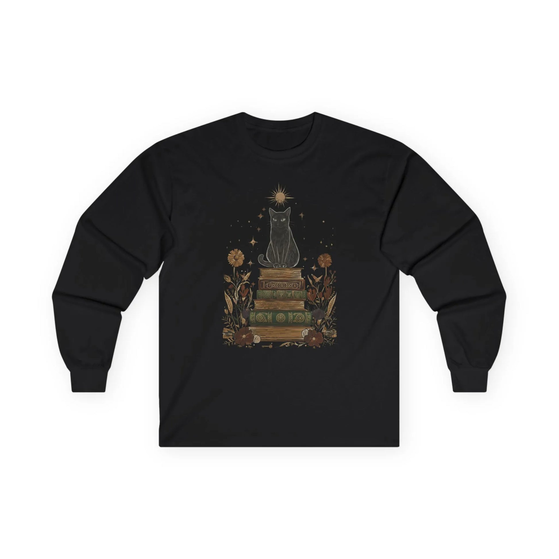 Illustration of a mystical black cat atop vintage books with celestial elements on the Mystic Cat & Books Long Sleeve, perfect for book lovers.