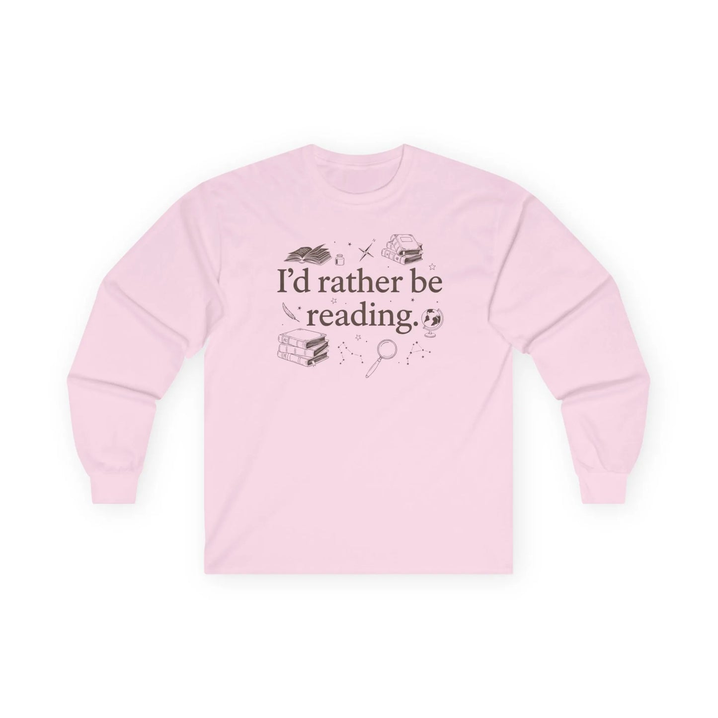 Rather Be Reading 2 Long Sleeve in soft pink featuring book-themed design. Perfect book lover long sleeve shirt.