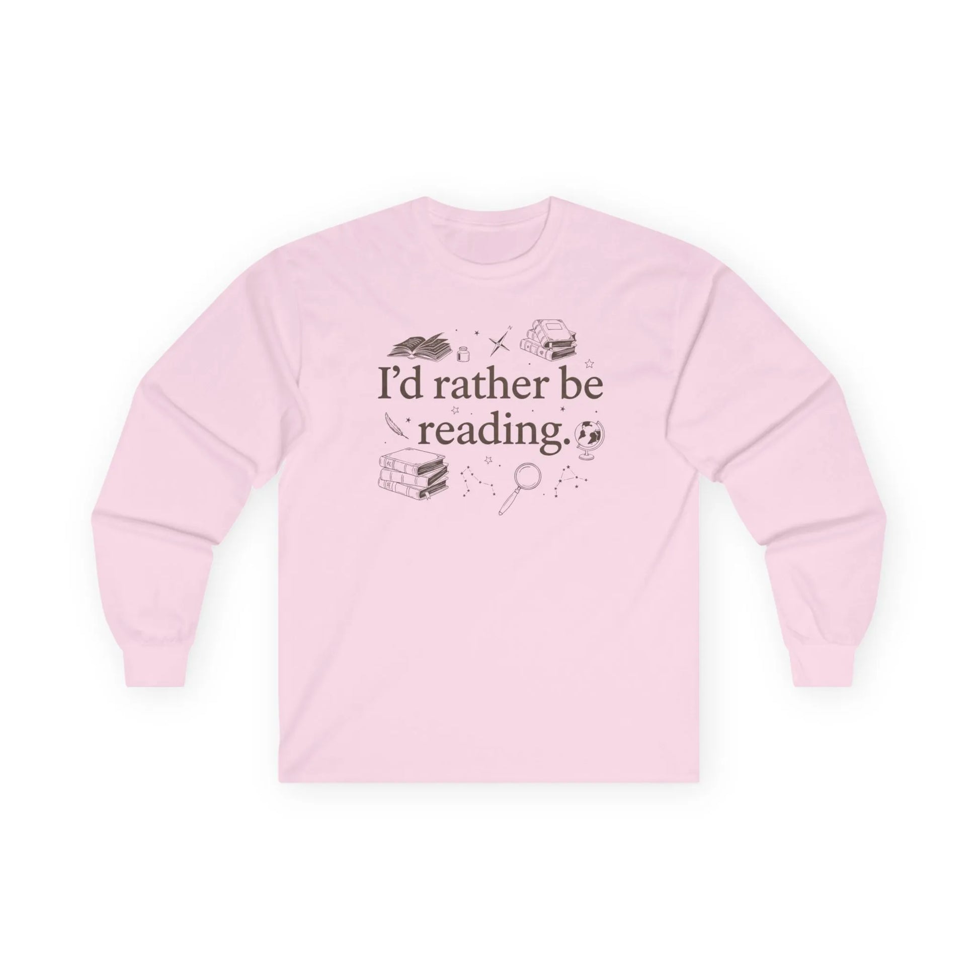 Rather Be Reading 2 Long Sleeve in soft pink featuring book-themed design. Perfect book lover long sleeve shirt.