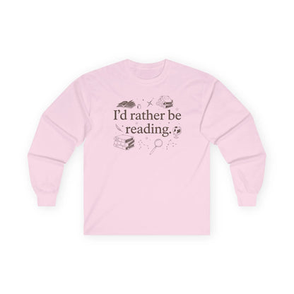 Rather Be Reading 2 Long Sleeve in soft pink featuring book-themed design. Perfect book lover long sleeve shirt.