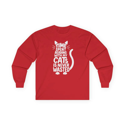 Never Wasted with Cats Long Sleeve in red featuring cat-shaped text about reading time with cats, perfect for book lovers.