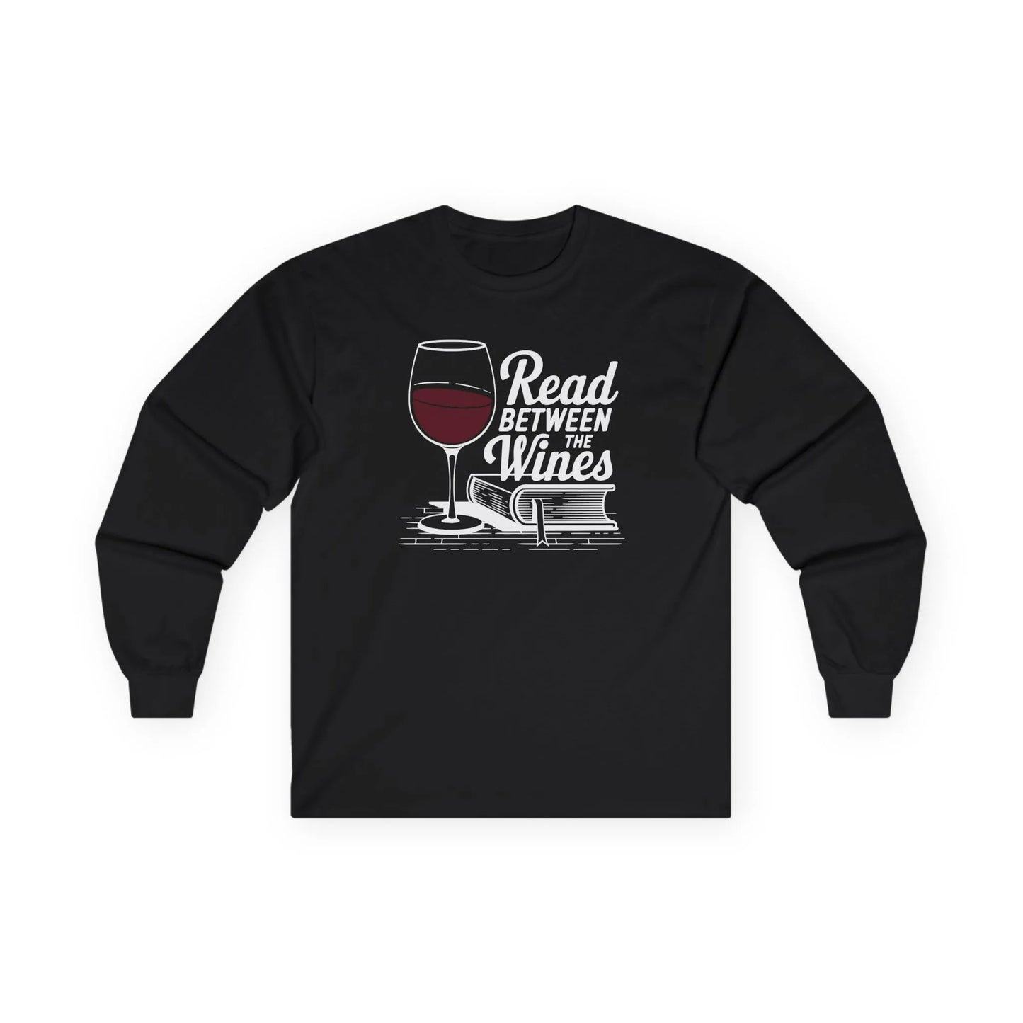Read Between the Wines Long Sleeve black long sleeve shirt featuring a wine glass and book illustration, perfect for book lovers.