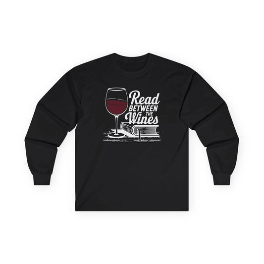 Read Between the Wines Long Sleeve black long sleeve shirt featuring a wine glass and book illustration, perfect for book lovers.