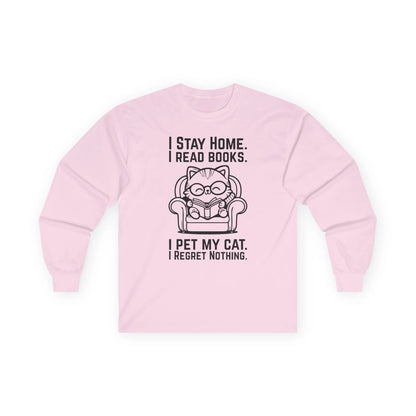 No Regrets, Just Cats Long Sleeve features a cute cat illustration with text about reading and petting. Perfect for book lovers!