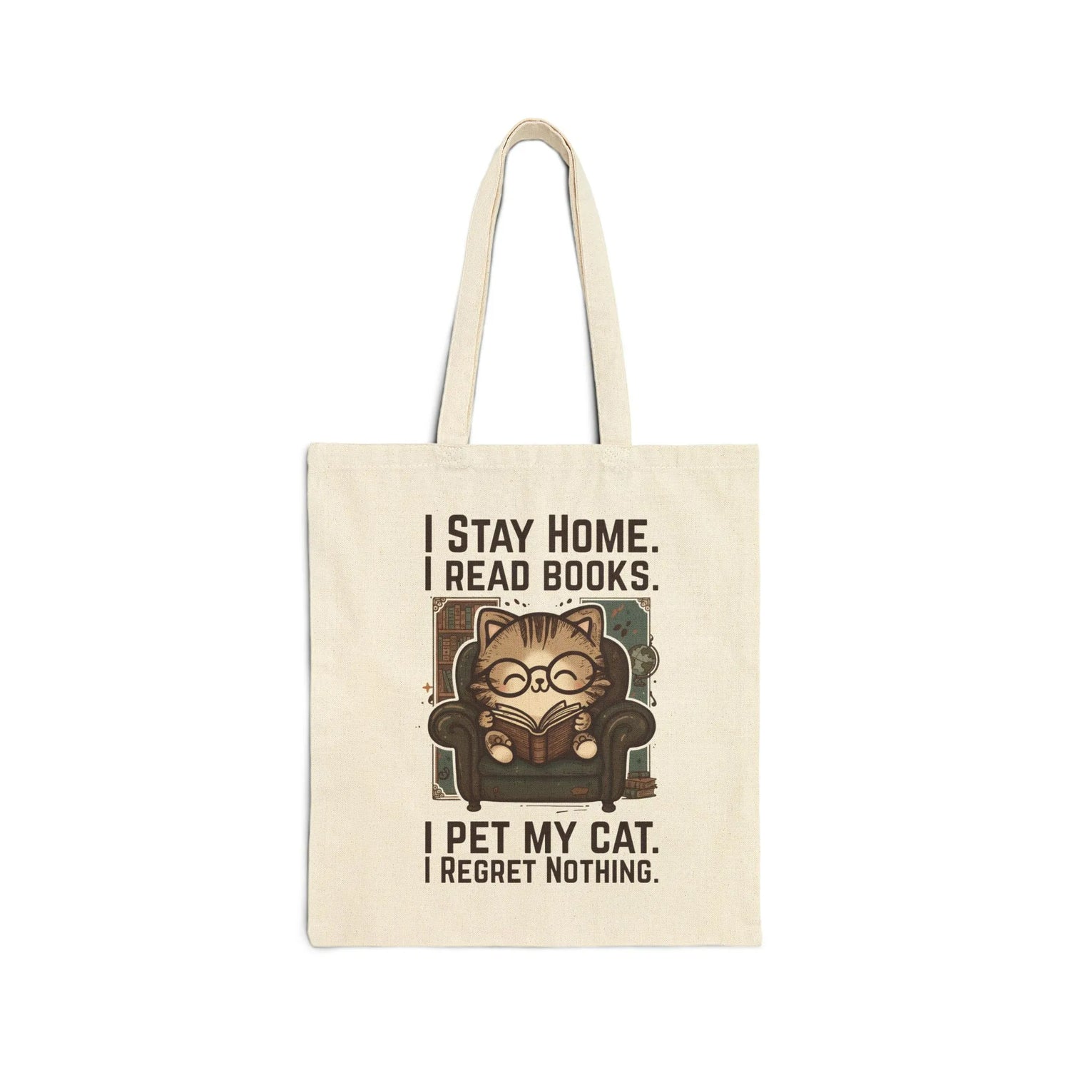 Library Cat Reader Tote Bag featuring a cute cat reading on a couch, perfect for book lovers.
