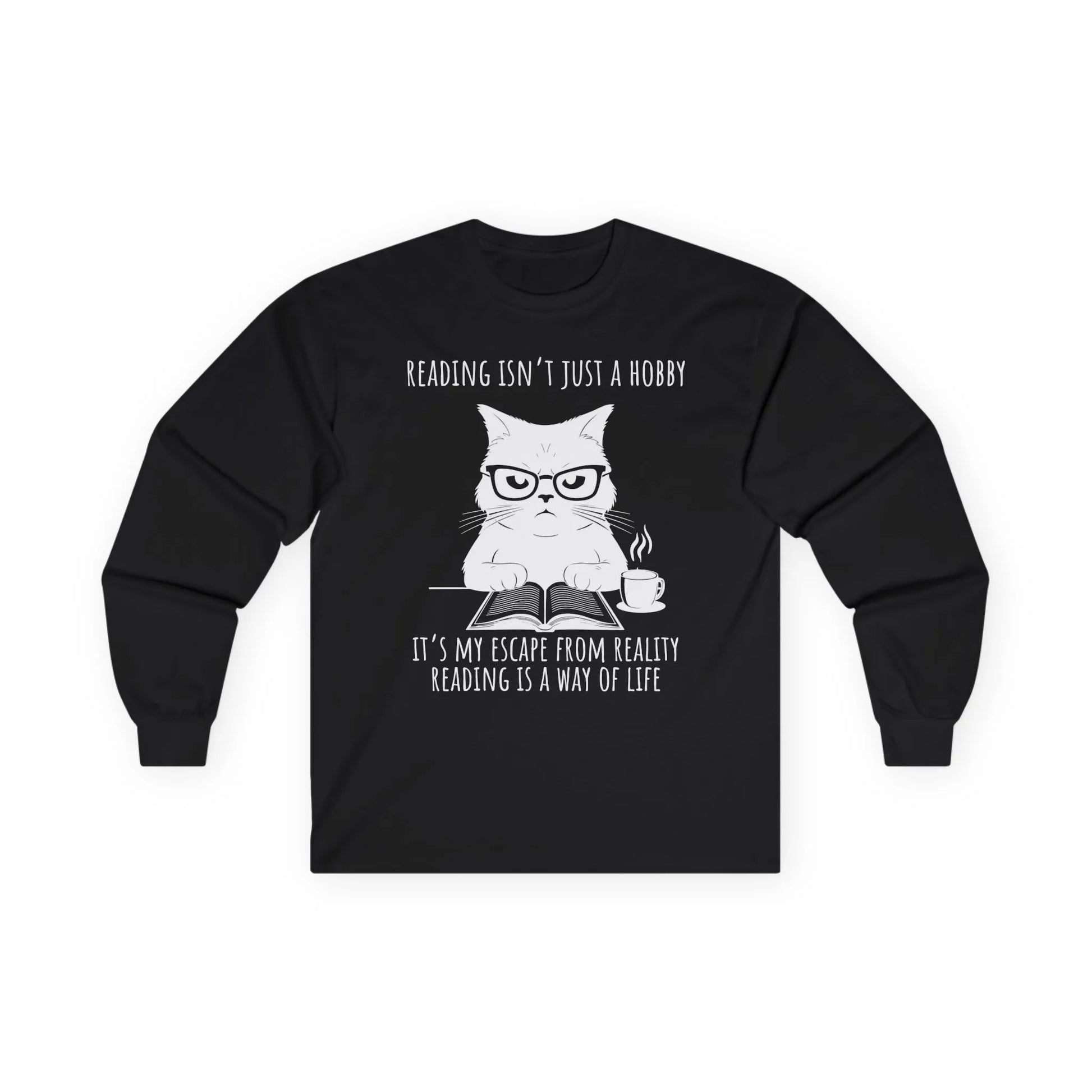 Funny cat reading shirt with glasses, coffee cup, & quote about reading being a way of life. Perfect for book lovers.