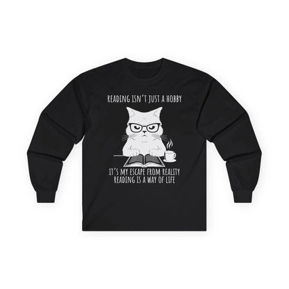 Funny cat reading shirt with glasses, coffee cup, & quote about reading being a way of life. Perfect for book lovers.