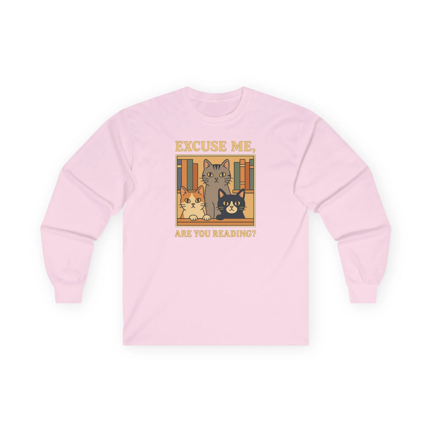 Are You Reading? Long Sleeve Shirt featuring three library cats asking readers with a cozy pastel design.