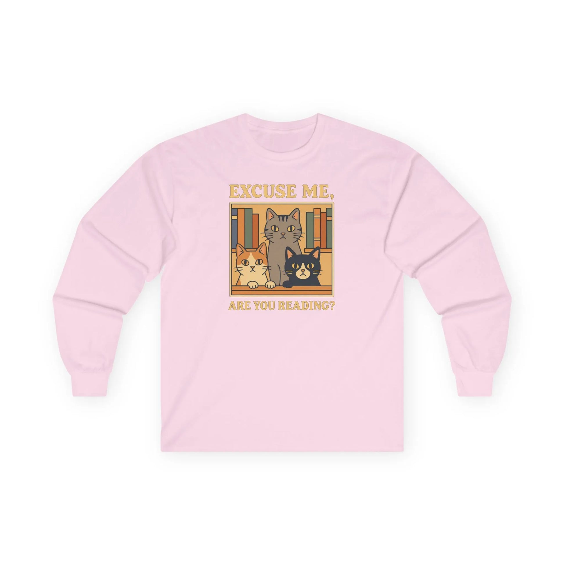 Are You Reading? Long Sleeve Shirt featuring three library cats asking readers with a cozy pastel design.