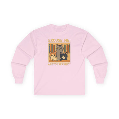 Are You Reading? Long Sleeve Shirt featuring three library cats asking readers with a cozy pastel design.