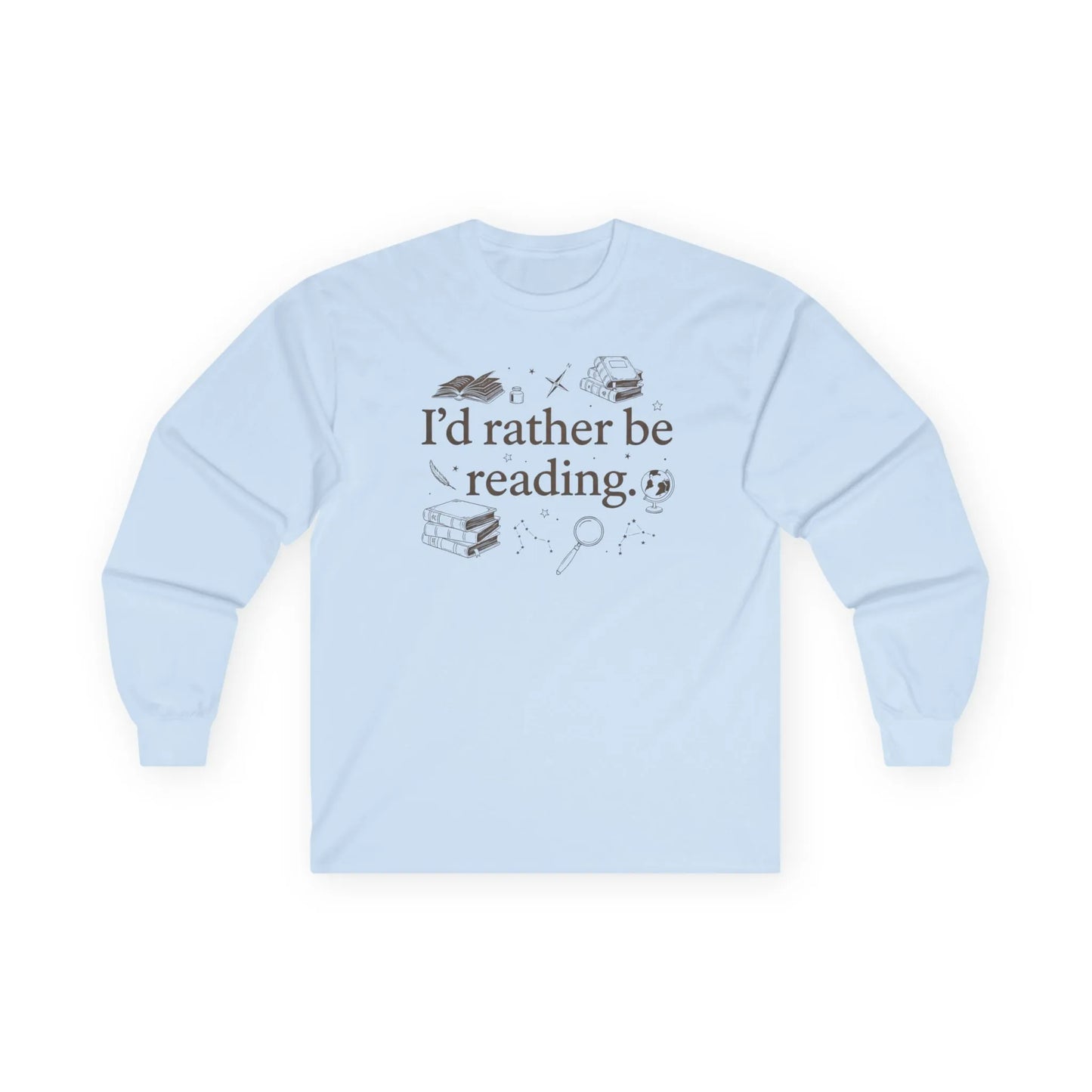 Rather Be Reading 2 Long Sleeve in light blue, featuring cozy book-themed graphics, perfect for book lovers.