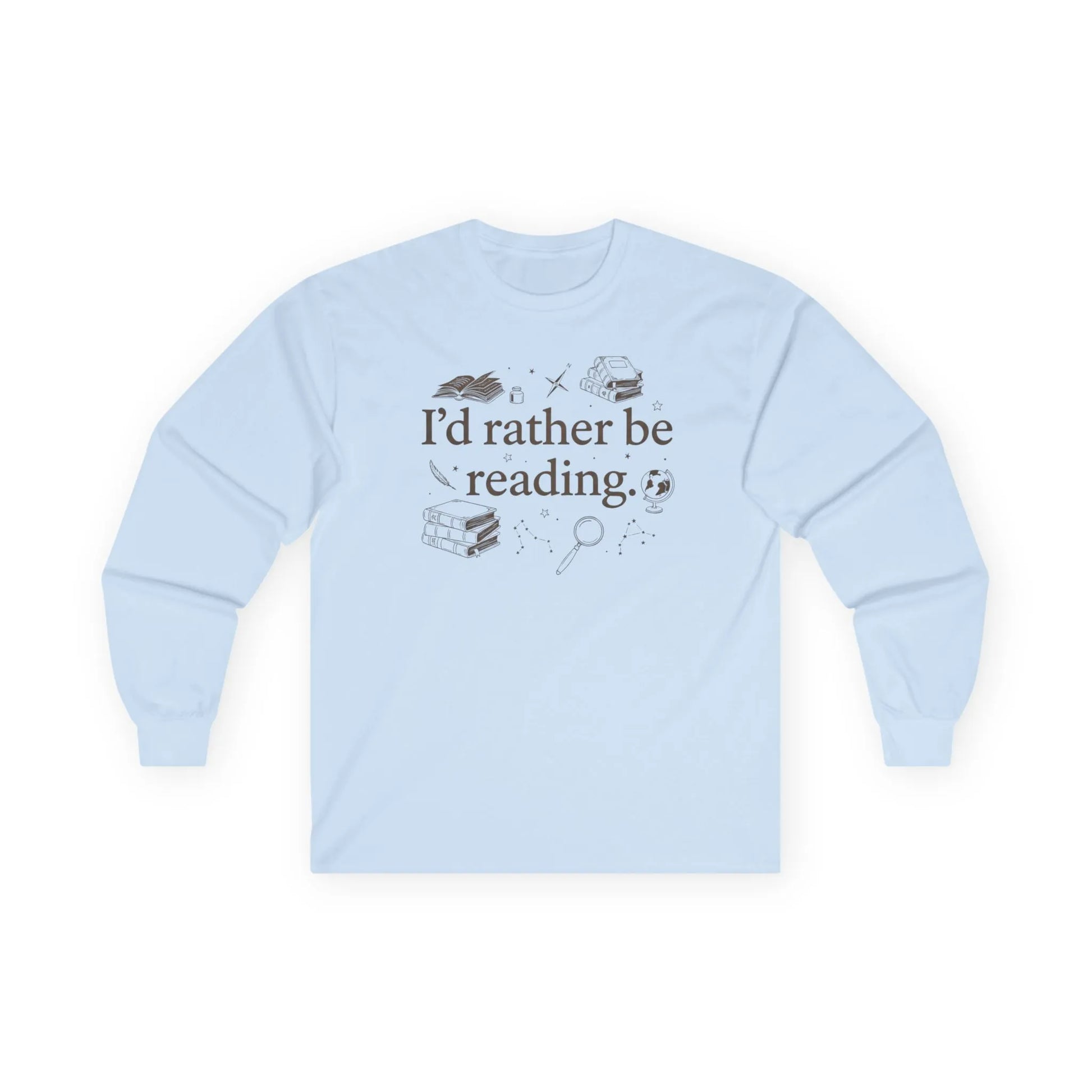 Rather Be Reading 2 Long Sleeve in light blue, featuring cozy book-themed graphics, perfect for book lovers.