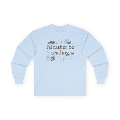 Rather Be Reading 2 Long Sleeve in light blue, featuring cozy book-themed graphics, perfect for book lovers.