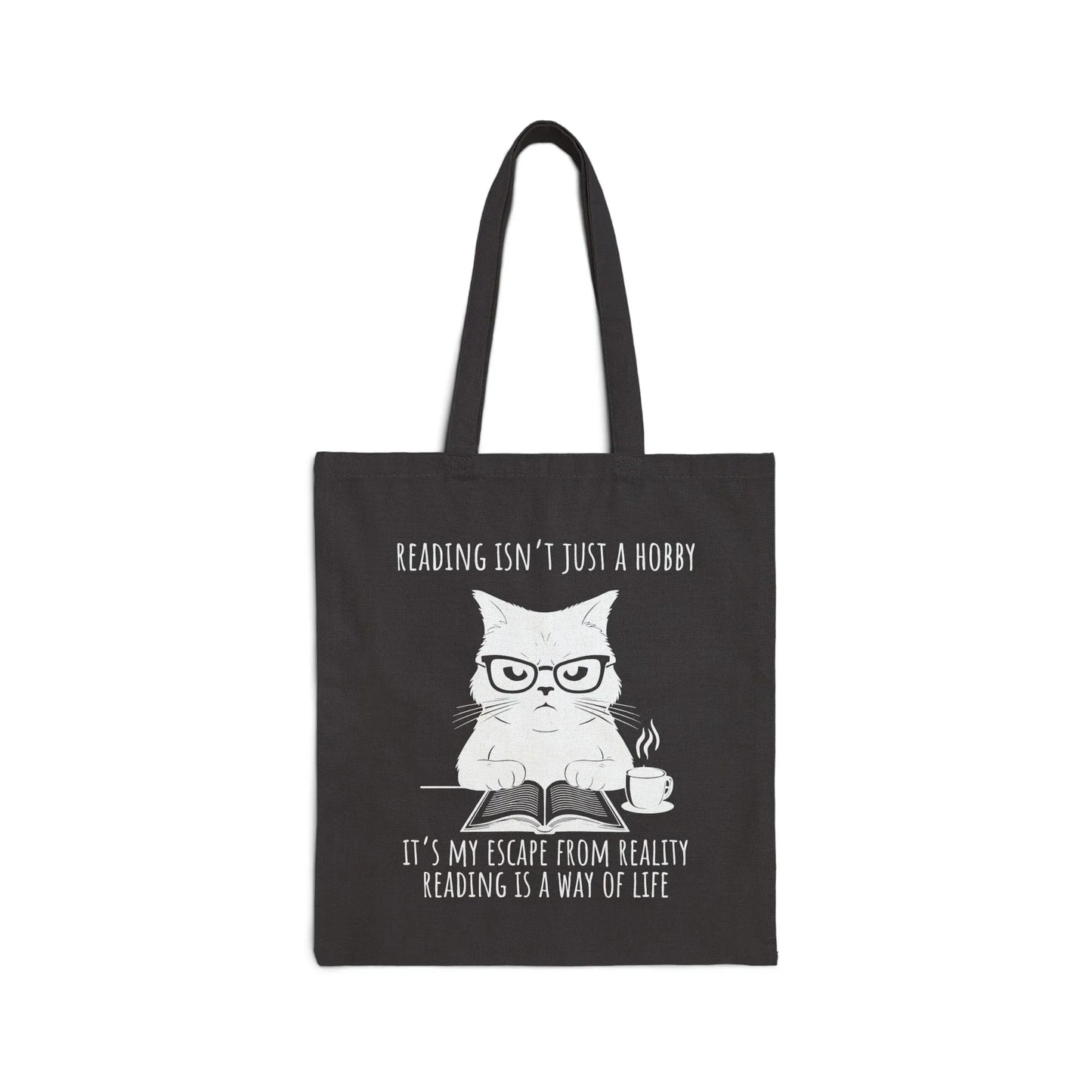 Reading Way of Life Tote Bag with a cat graphic and text, perfect for book lovers. Durable canvas material.