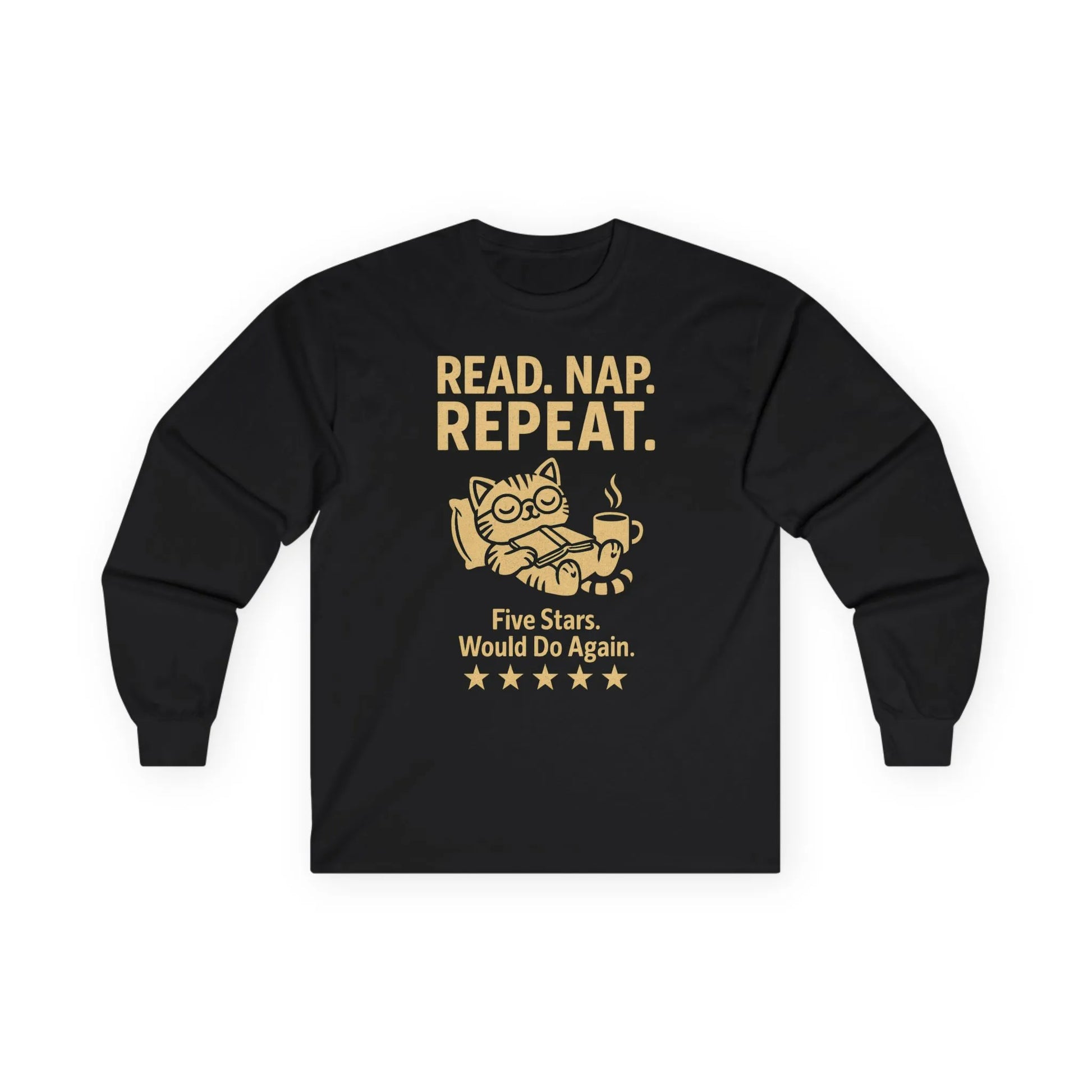Funny cat reading shirt featuring relaxed cat, coffee cup, and the text 'READ. NAP. REPEAT.' Perfect gift for cozy book lovers.