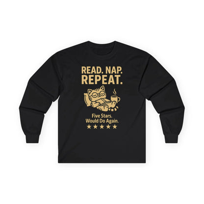 Funny cat reading shirt featuring relaxed cat, coffee cup, and the text 'READ. NAP. REPEAT.' Perfect gift for cozy book lovers.