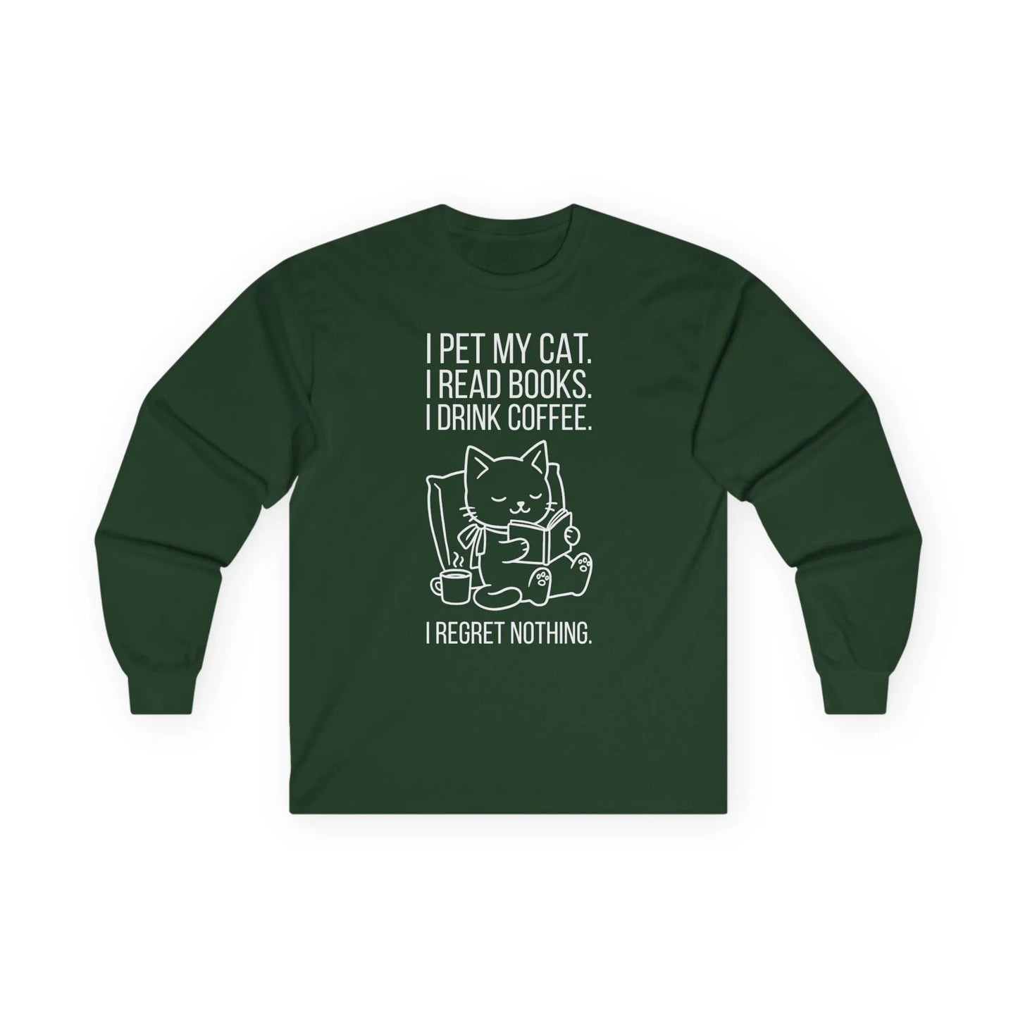 Cat. Books. Coffee. Long Sleeve. Cozy reading long sleeve shirt with a playful cat design and bookish quotes.