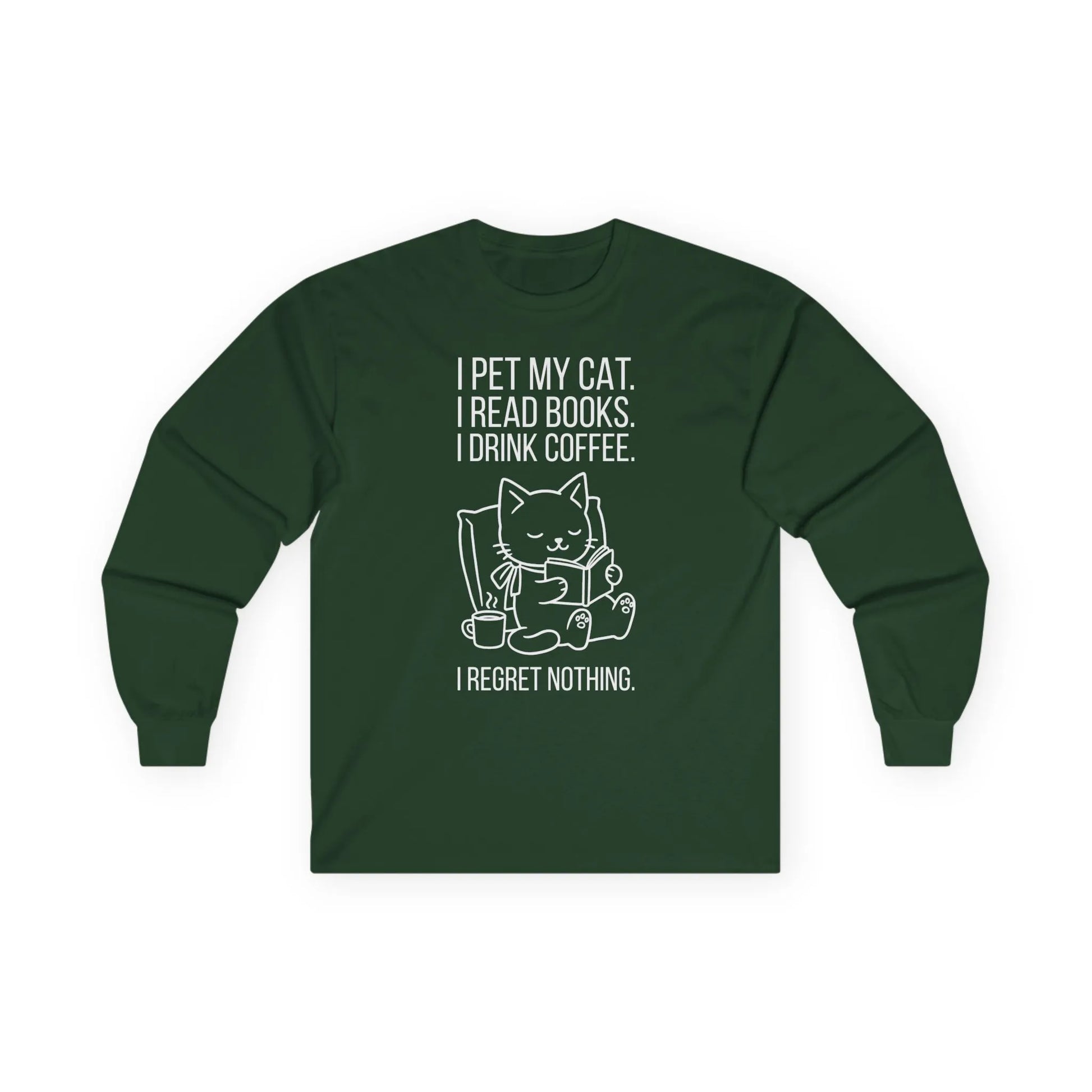 Cat. Books. Coffee. Long Sleeve. Cozy reading long sleeve shirt with a playful cat design and bookish quotes.