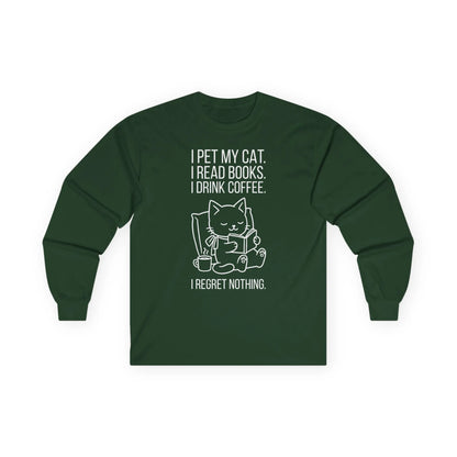 Cat. Books. Coffee. Long Sleeve. Cozy reading long sleeve shirt with a playful cat design and bookish quotes.
