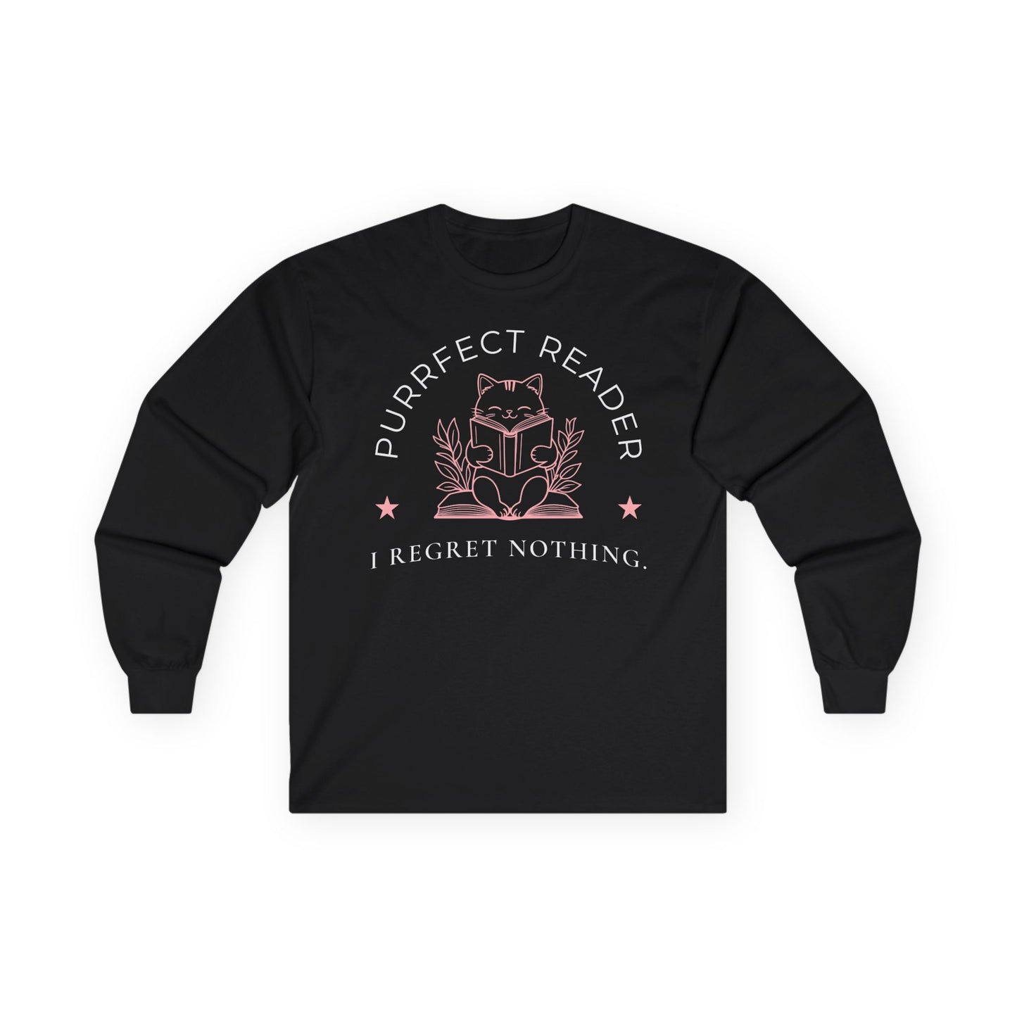 Purrfect Reader 2 Long Sleeve shirt featuring a cat reading with the text 'I Regret Nothing', perfect for book lovers and cat fans.