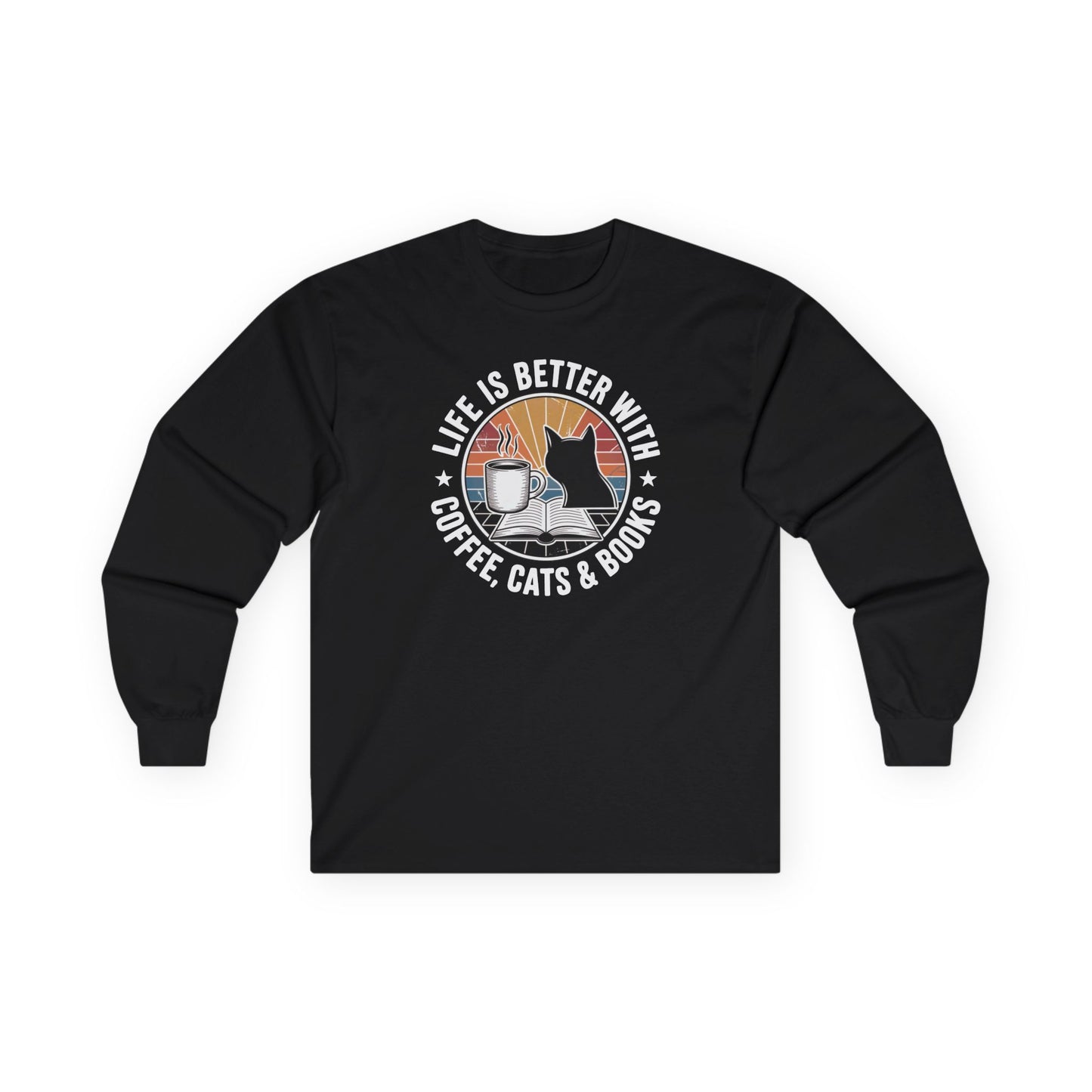 Sunset Reads & Whiskers Long Sleeve shirt in black featuring a playful design for book lovers with cats and coffee.