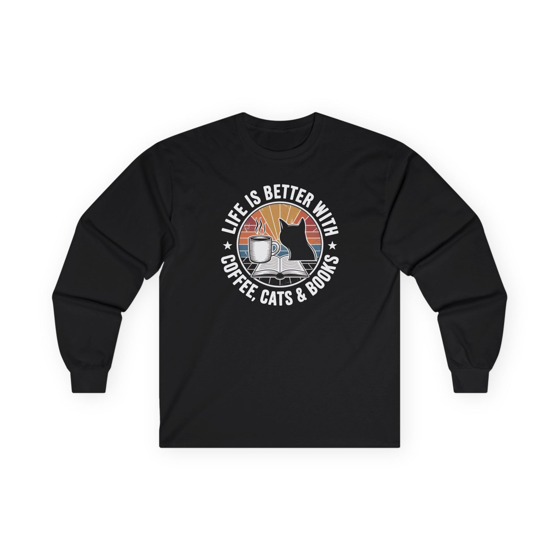 Sunset Reads & Whiskers Long Sleeve shirt in black featuring a playful design for book lovers with cats and coffee.