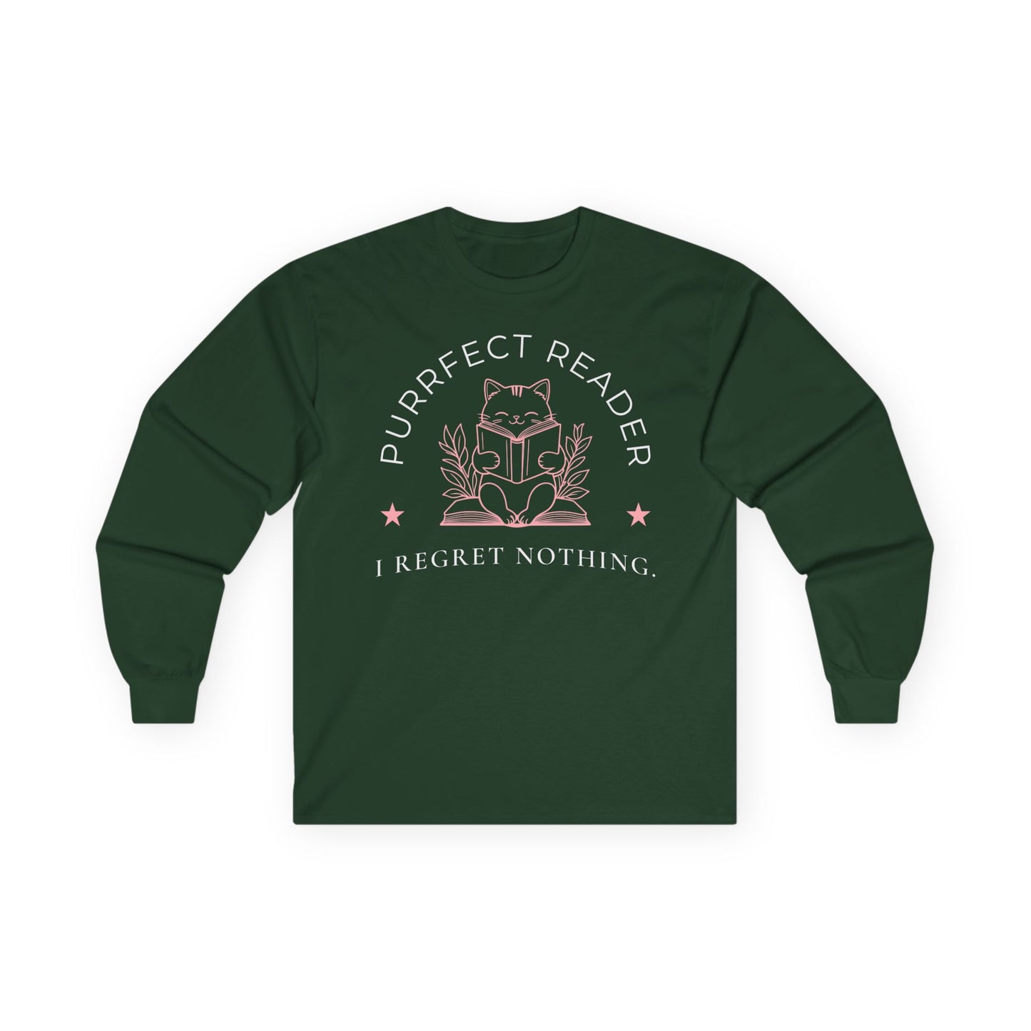 Purrfect Reader 2 Long Sleeve with a cat reading a book and text 'I Regret Nothing' - the ideal funny reading tee for book lovers.