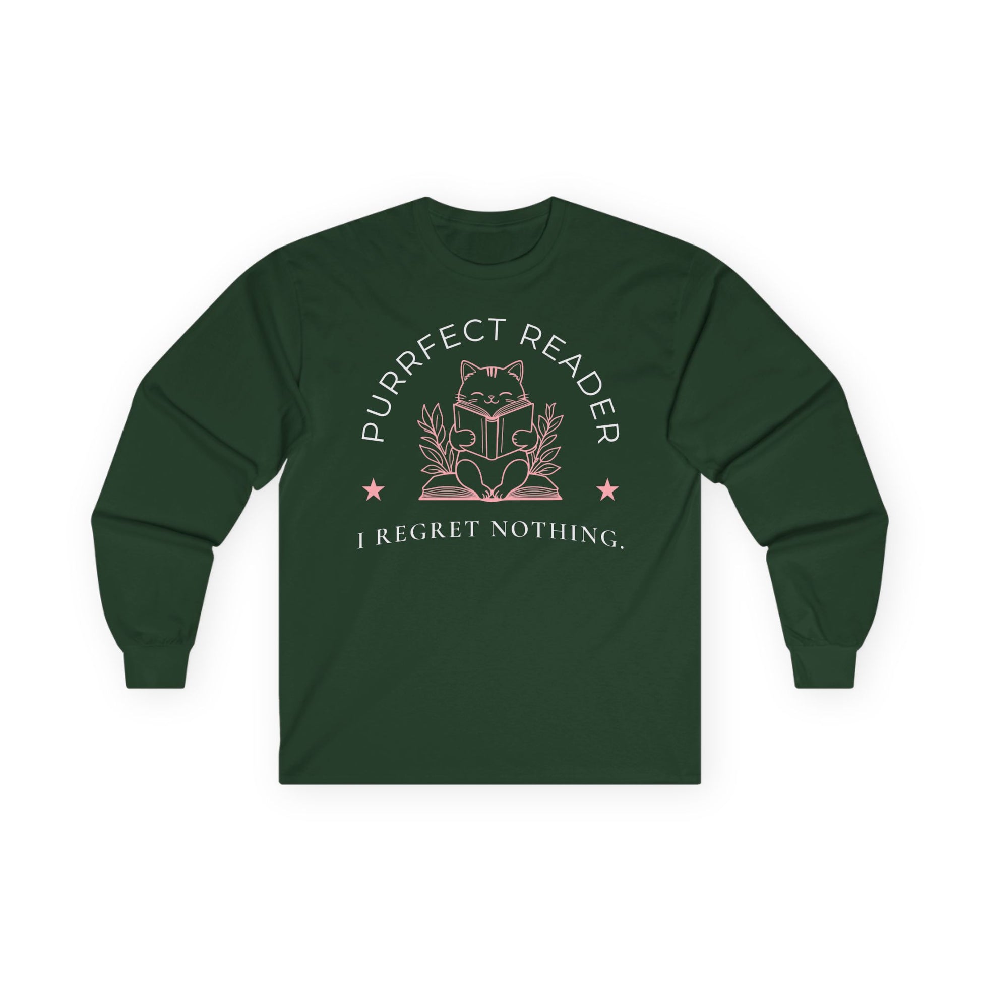 Purrfect Reader 2 Long Sleeve with a cat reading a book and text 'I Regret Nothing' - the ideal funny reading tee for book lovers.
