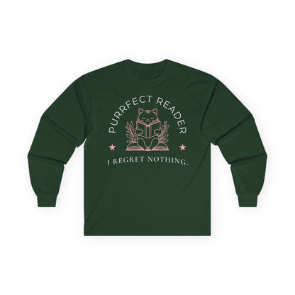 Purrfect Reader 2 Long Sleeve with a cat reading a book and text 'I Regret Nothing' - the ideal funny reading tee for book lovers.