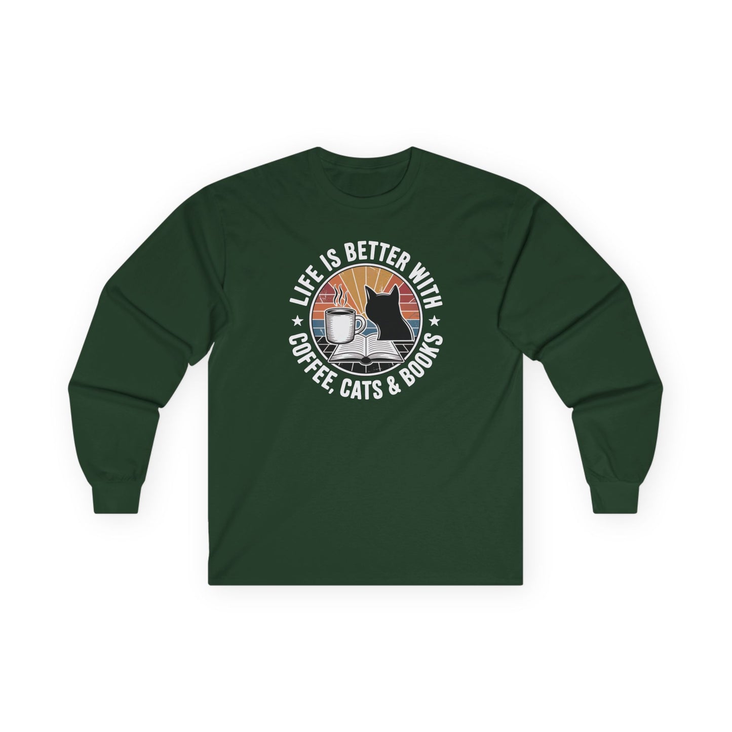 Sunset Reads & Whiskers Long Sleeve featuring a cozy design with a cat, coffee, and books, perfect for book lovers.