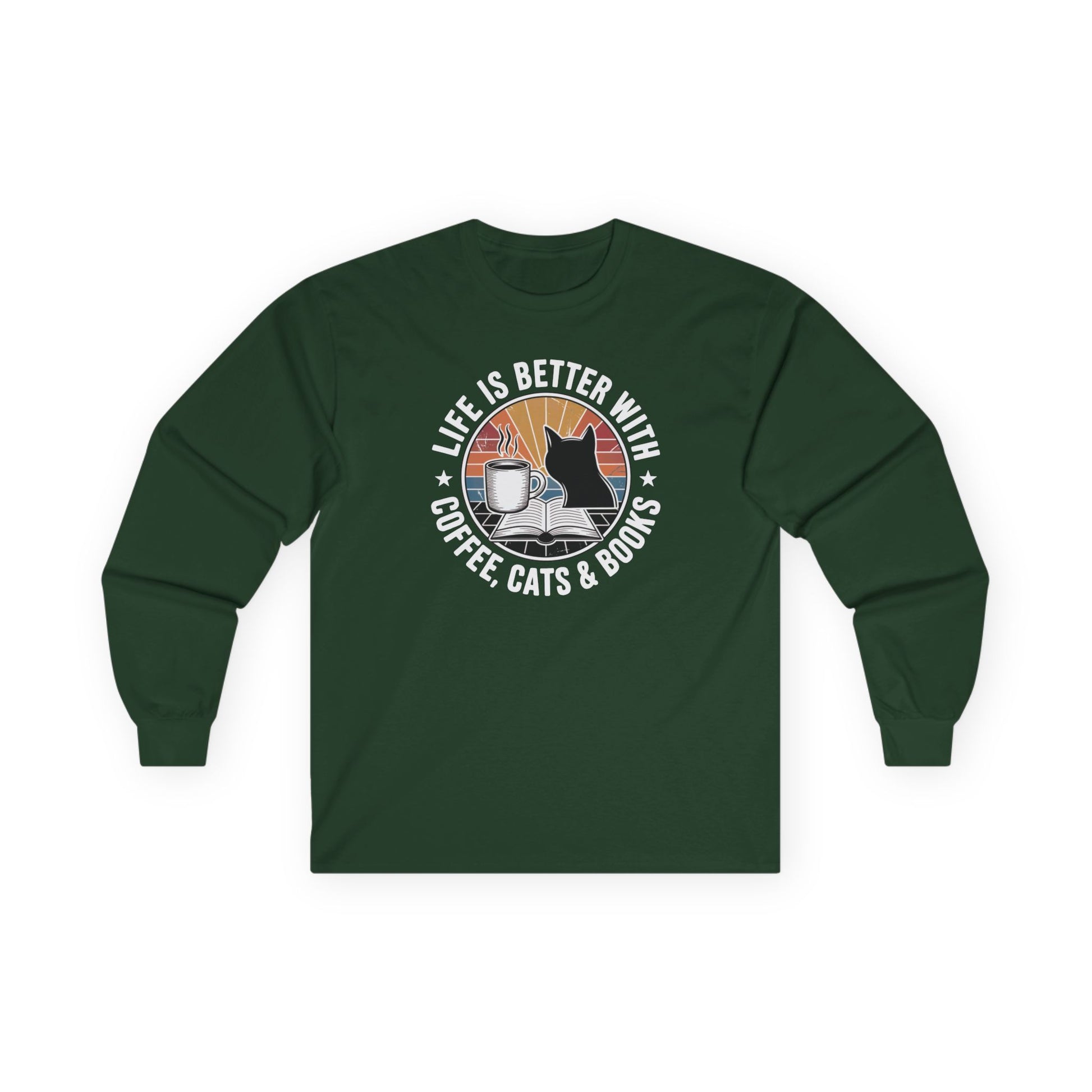Sunset Reads & Whiskers Long Sleeve featuring a cozy design with a cat, coffee, and books, perfect for book lovers.