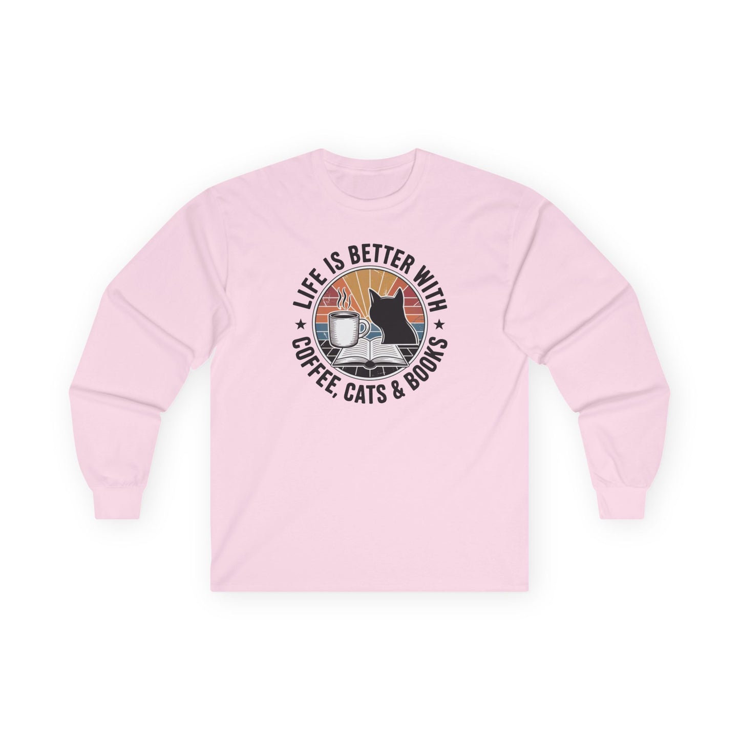 Sunset Reads & Whiskers Long Sleeve in pink featuring a design of a cat, coffee, and books for cozy reading.