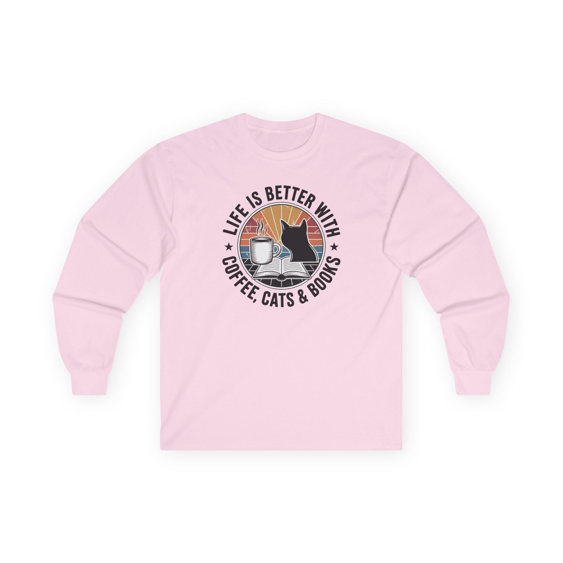 Sunset Reads & Whiskers Long Sleeve in pink featuring a design of a cat, coffee, and books for cozy reading.